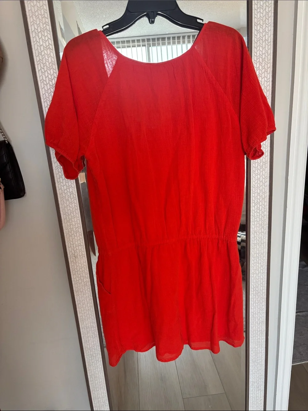 J. Crew Bright Red V-Neck Short-Sleeve Tunic with Waist Detail